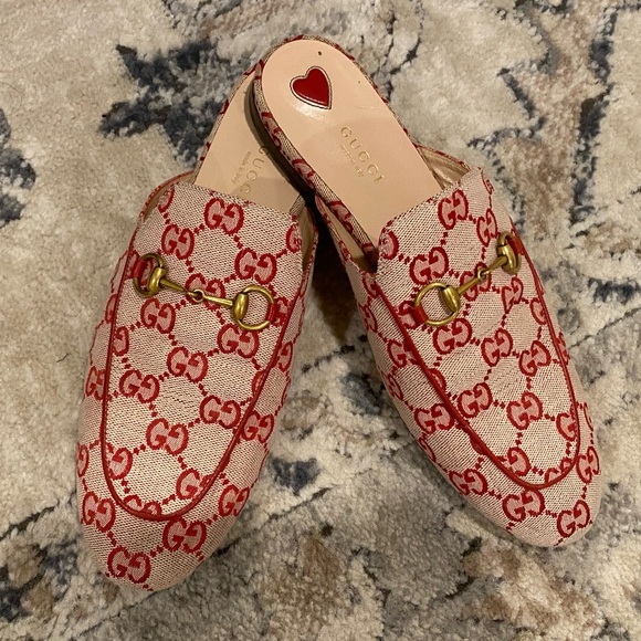 GUCCI PRINCETON GG CANVAS LOAFER MULE - RED - Picture 1 of 12